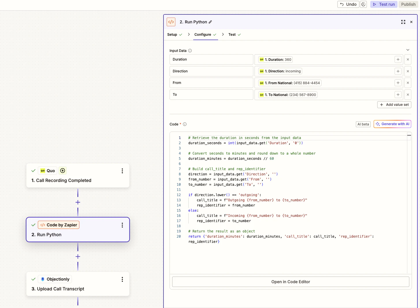 Zapier code step for Quo showing input fields and Python code