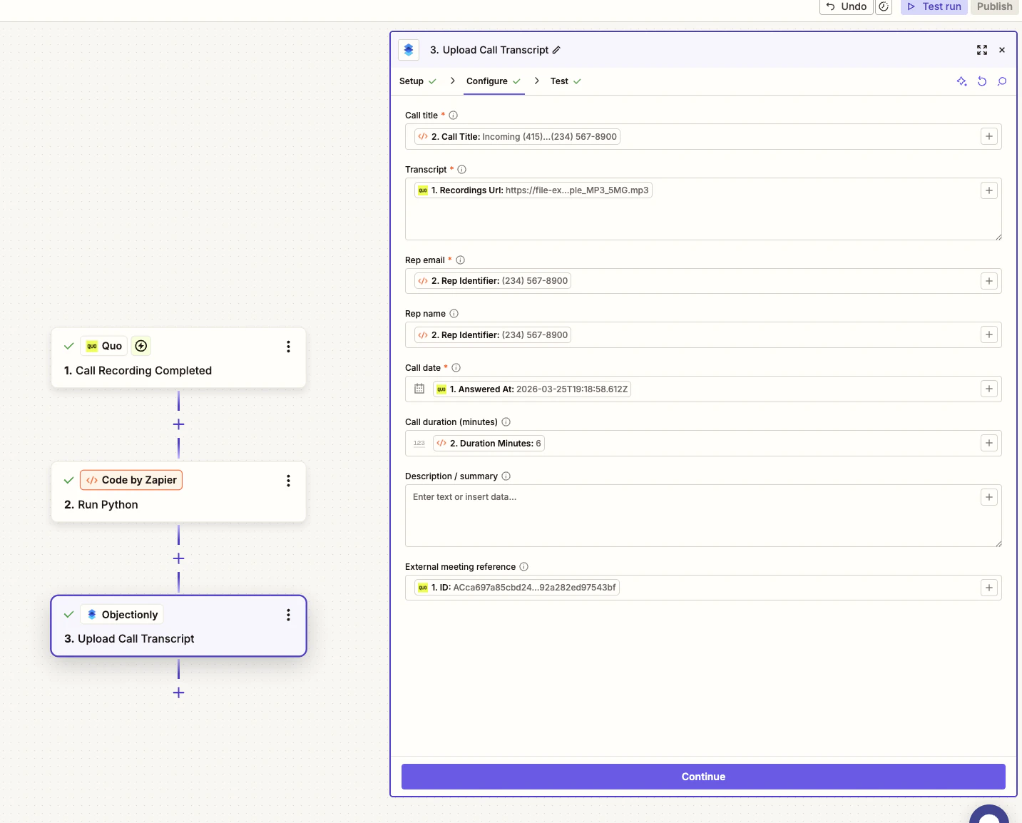 Objectionly Upload Call Transcript step configured for Quo data