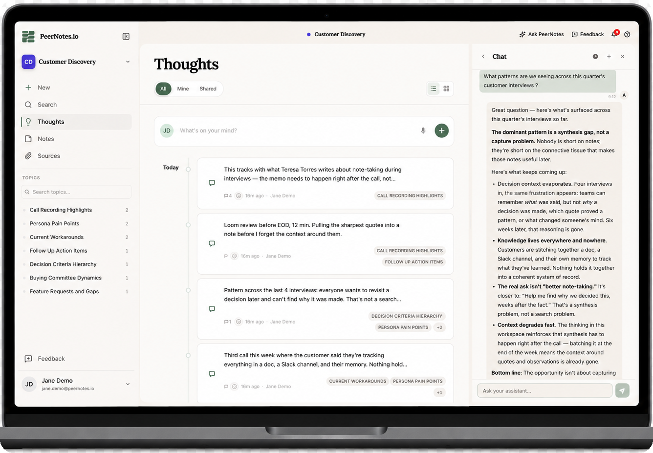 The PeerNotes workspace on desktop