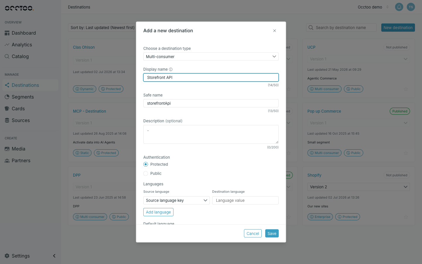 The new destination dialog