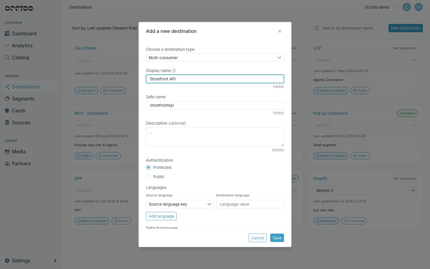 The new destination dialog