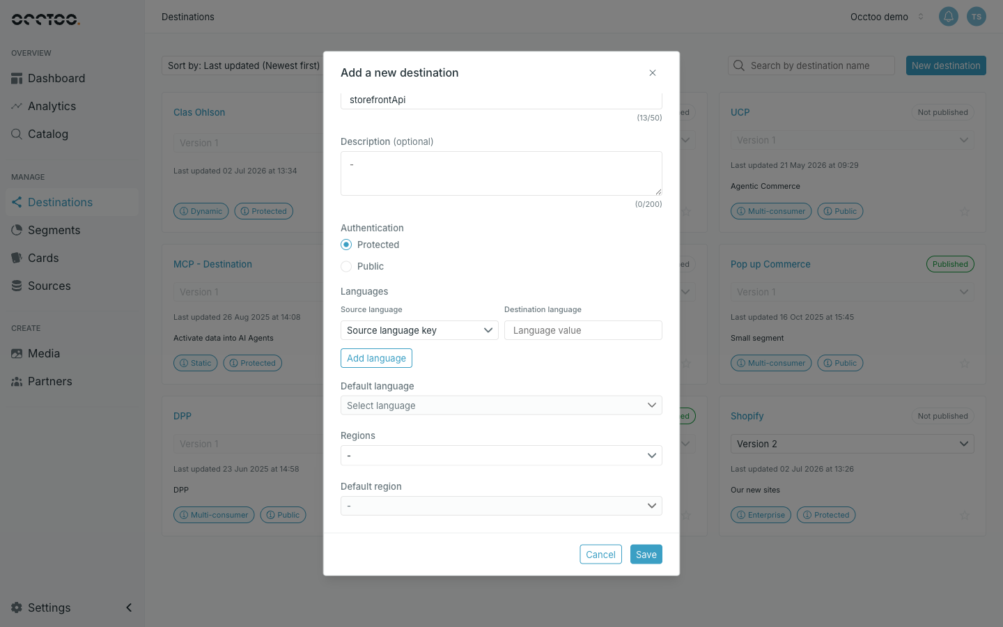 Languages and regions in the new destination dialog