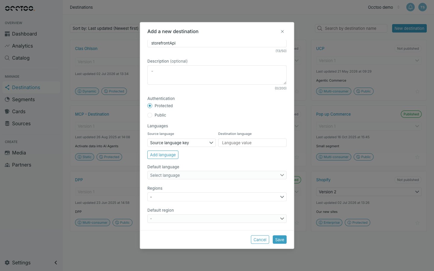 Languages and regions in the new destination dialog