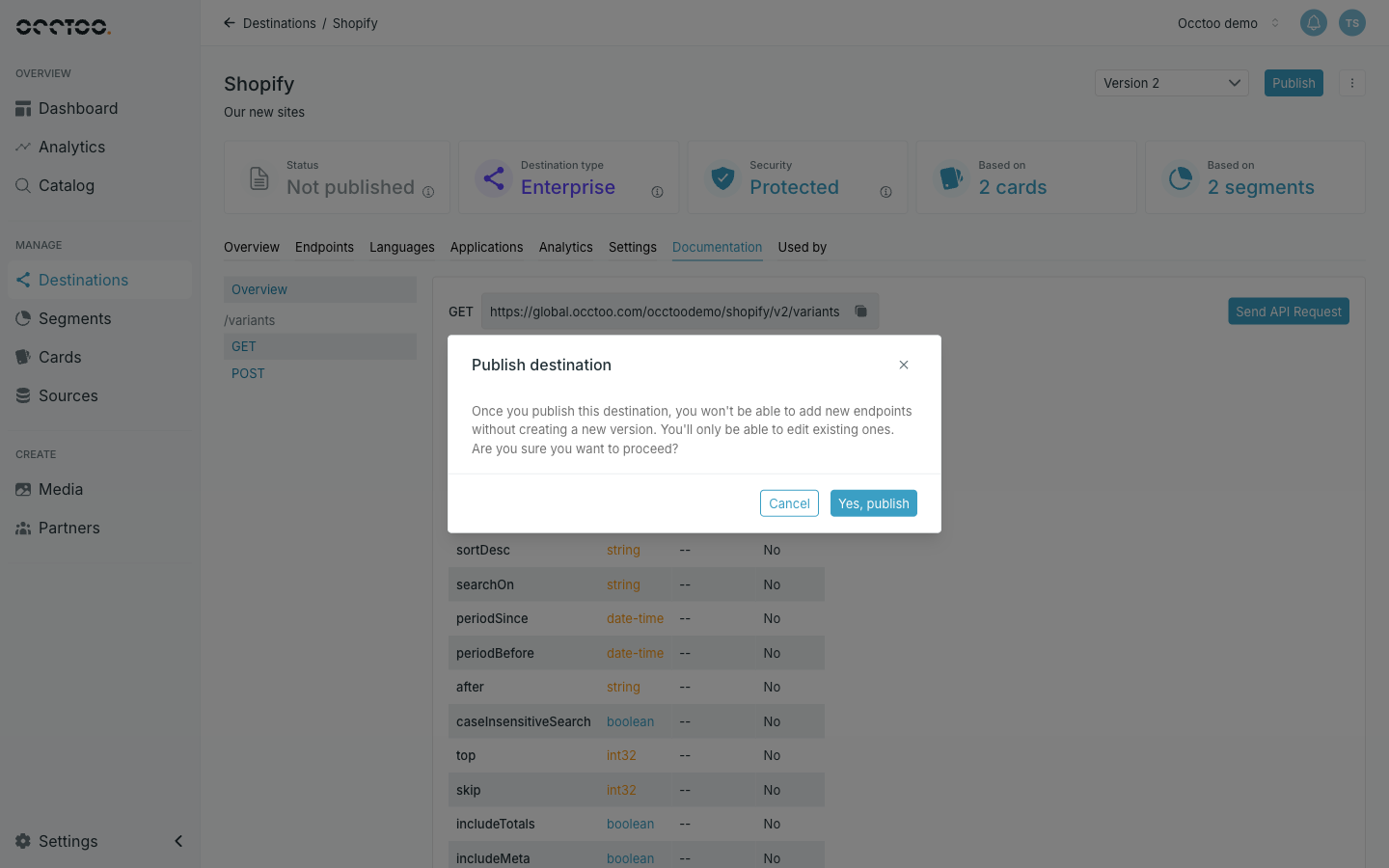 The publish confirmation