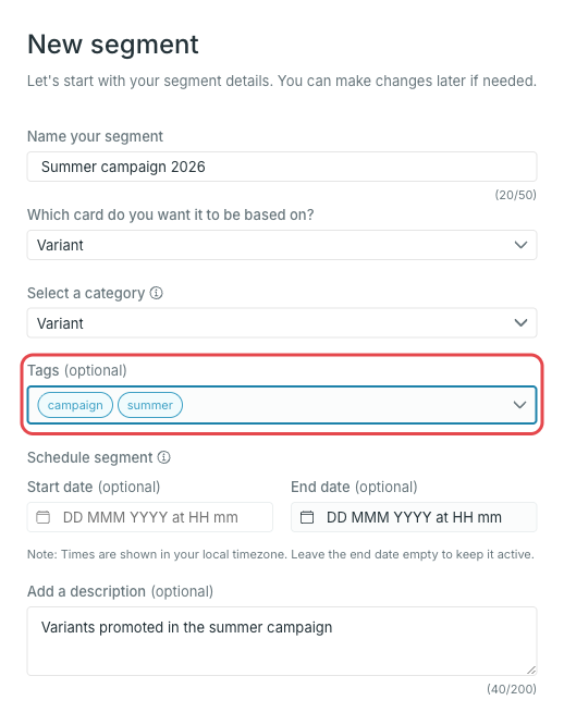 New segment details step with name, card, category, tags, schedule and description