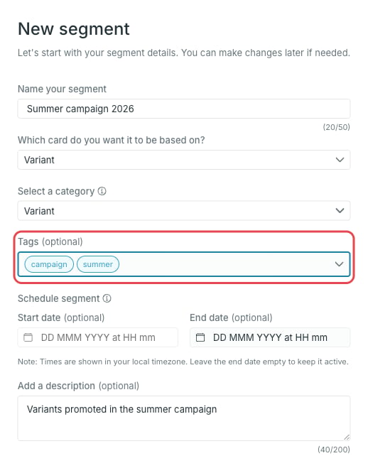 New segment details step with name, card, category, tags, schedule and description