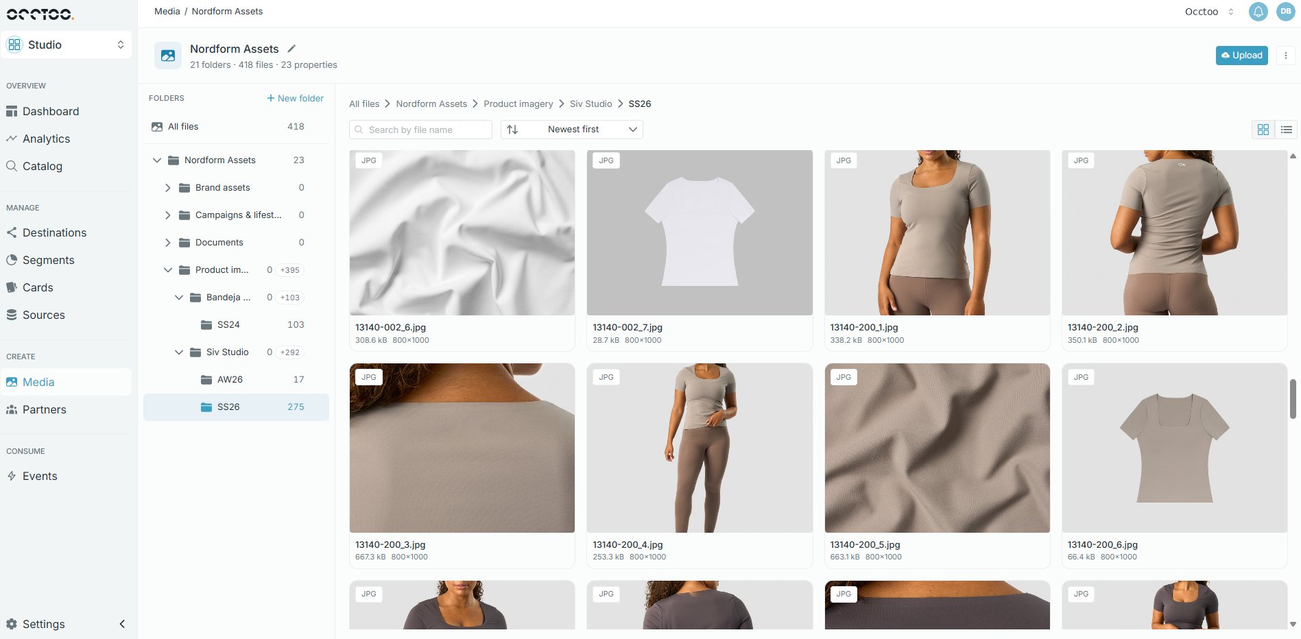The Media area with the nested folder tree, file counts and a grid of files