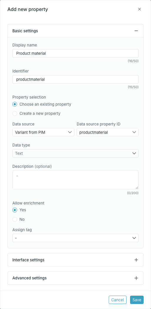Basic settings in the Add new property dialog