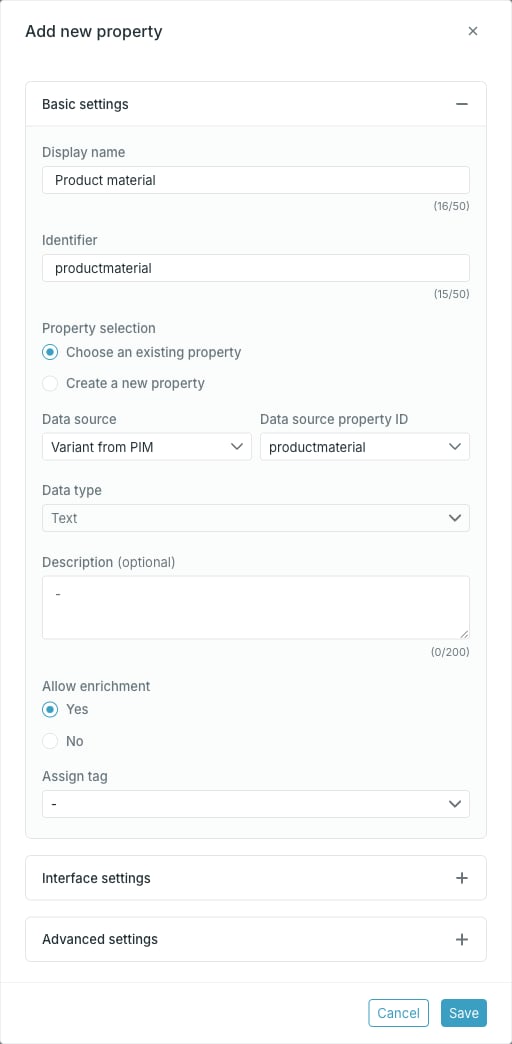 Basic settings in the Add new property dialog