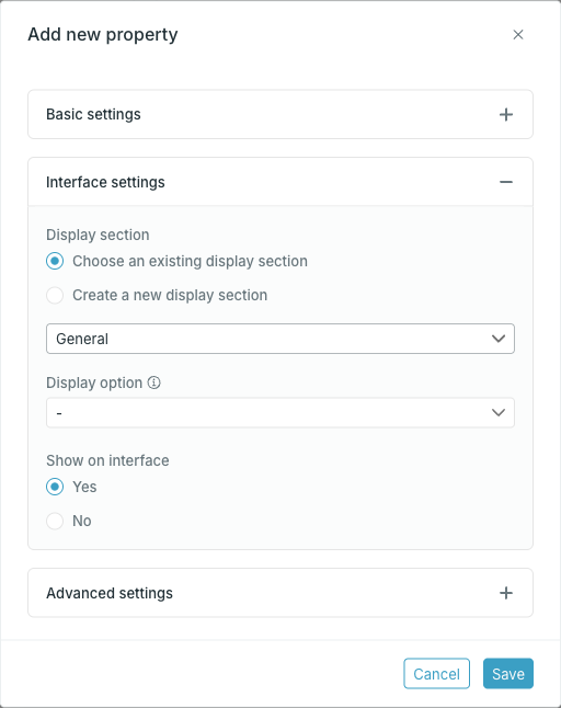 Interface settings in the Add new property dialog