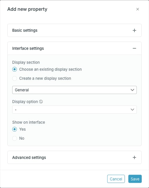 Interface settings in the Add new property dialog