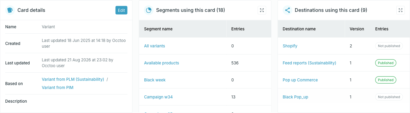 Card details, segments and destinations widgets