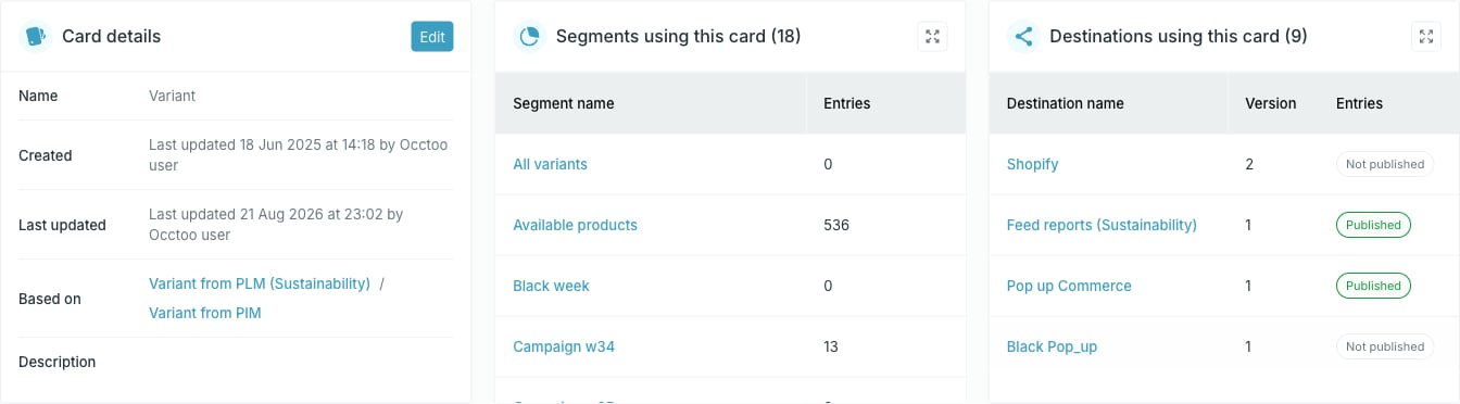 Card details, segments and destinations widgets