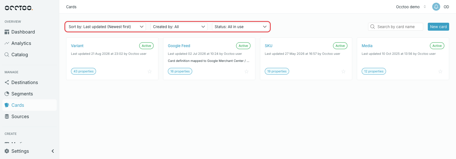 Sort, creator and status filters on the Cards page