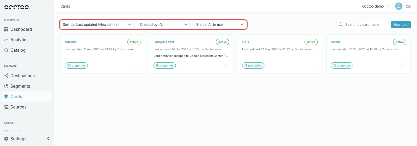 Sort, creator and status filters on the Cards page