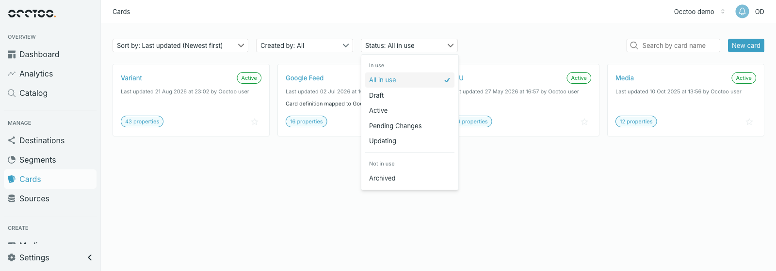 Status filter open on the Cards page