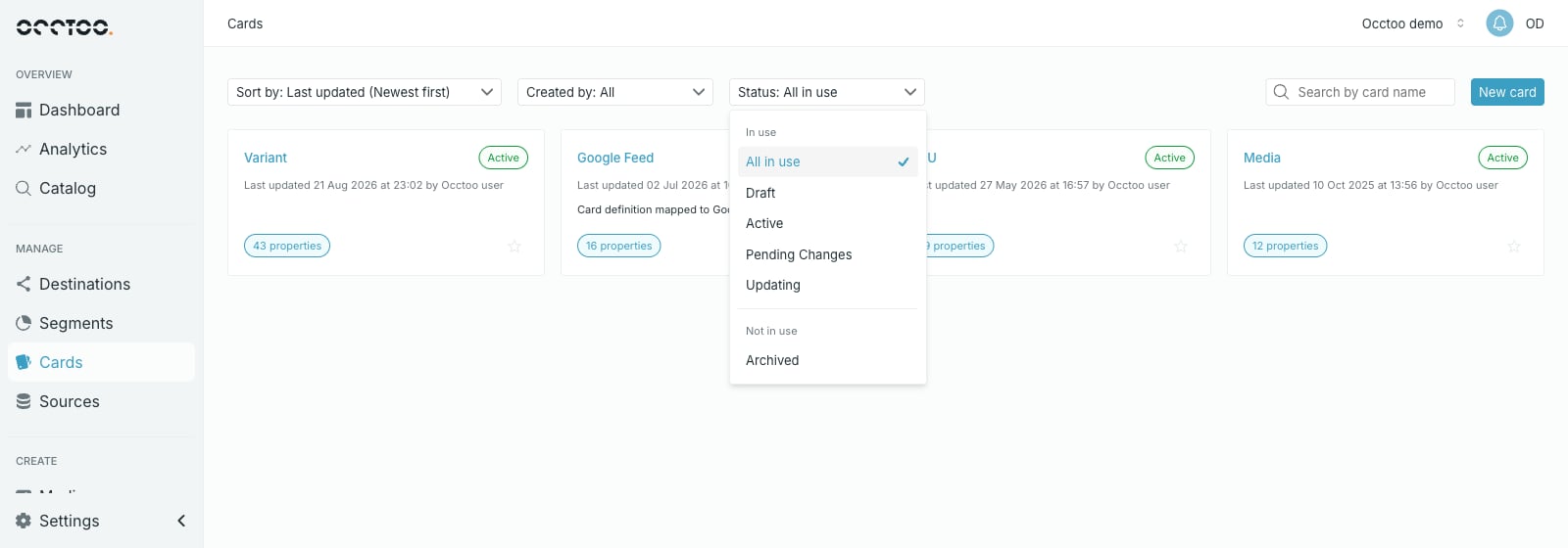 Status filter open on the Cards page
