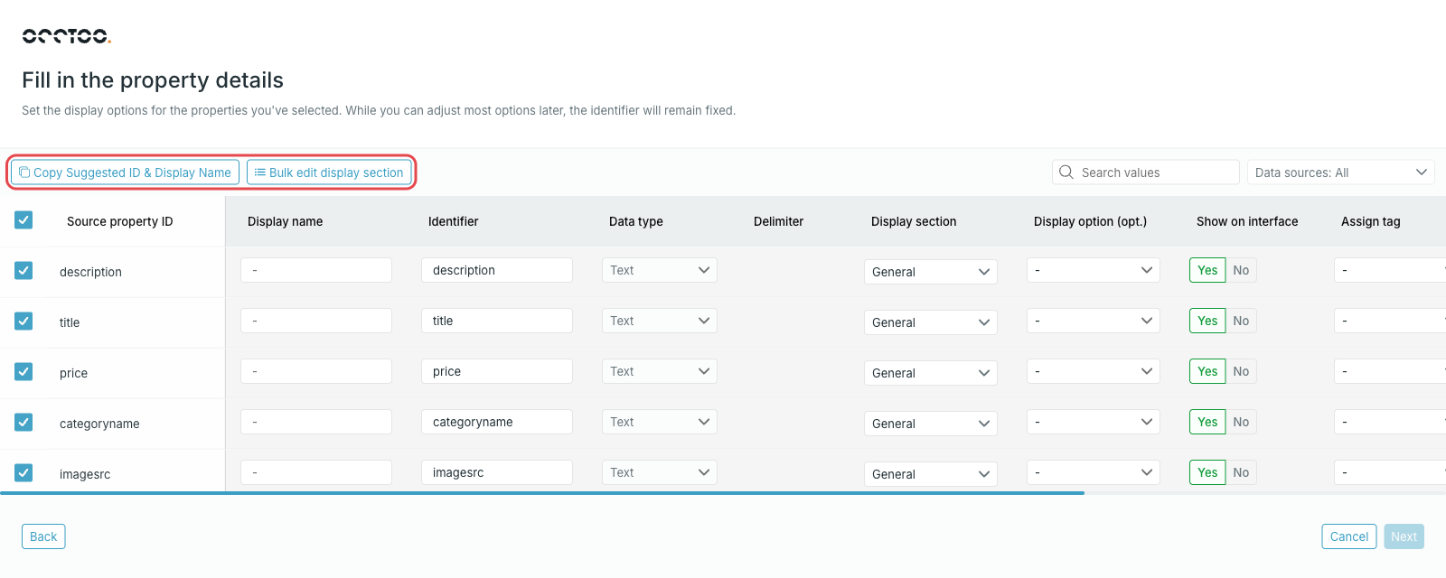 Bulk actions on the property details step
