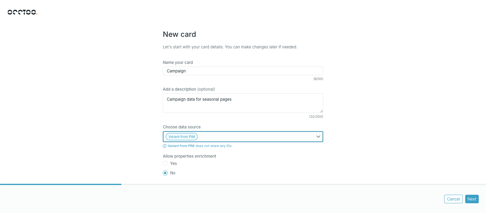New card step with name, description, data source and enrichment