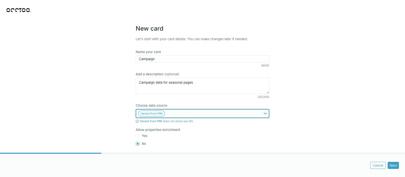 New card step with name, description, data source and enrichment