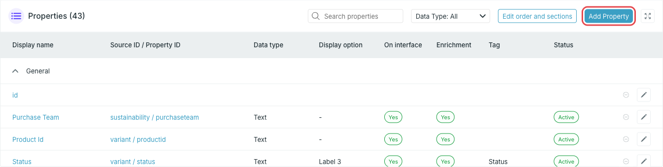 Add Property button in the Properties widget