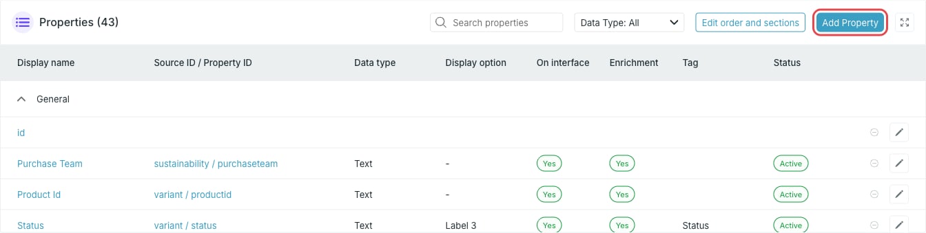 Add Property button in the Properties widget