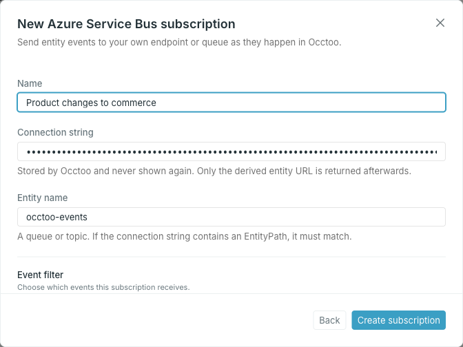 Connection string and entity name for an Azure Service Bus subscription