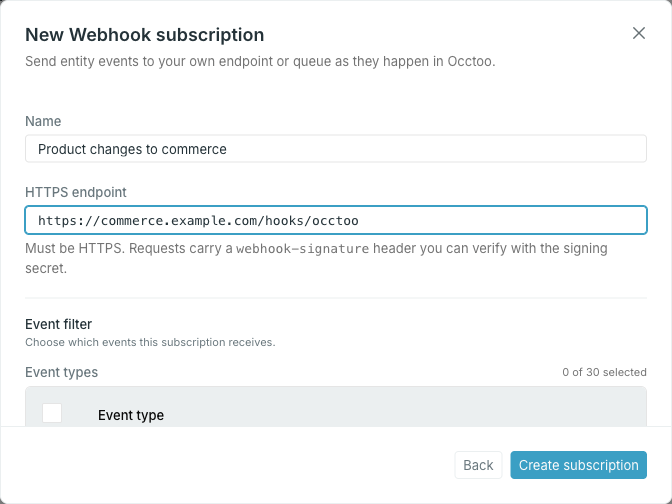 Name and endpoint for a webhook subscription