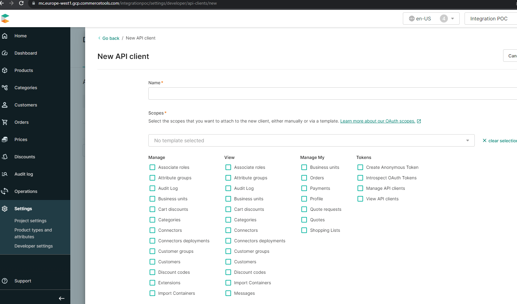 Registering an API client in commercetools