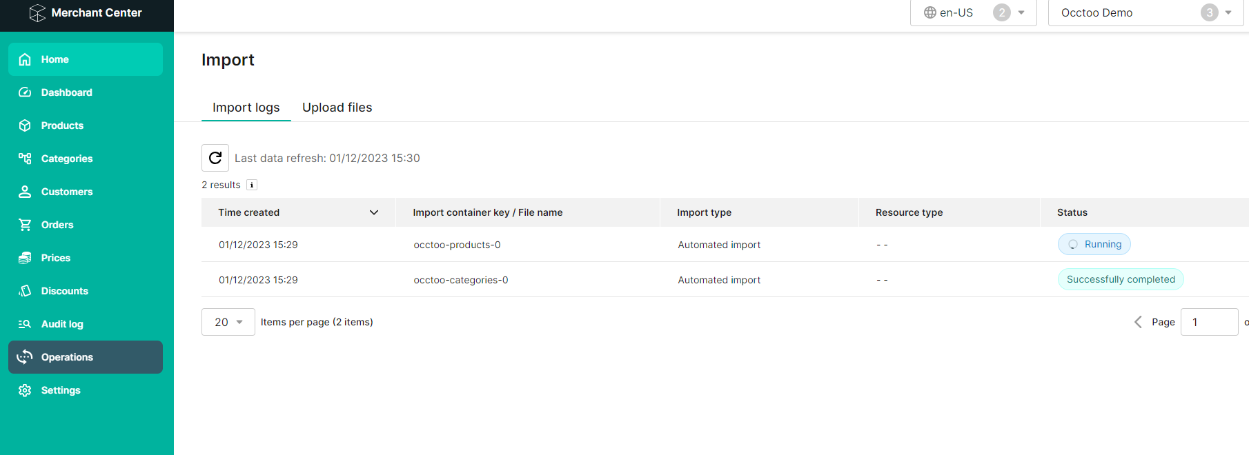 Import container in commercetools