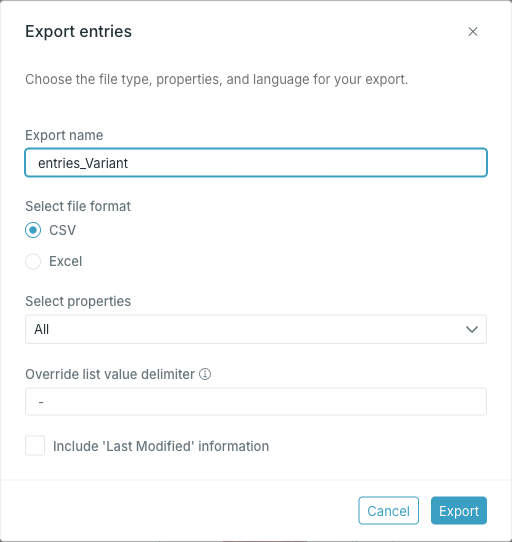 The export entries dialog