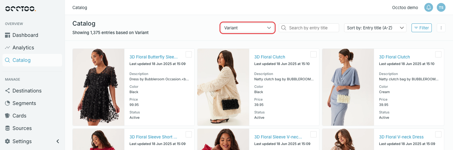 The card selector in the Catalog toolbar