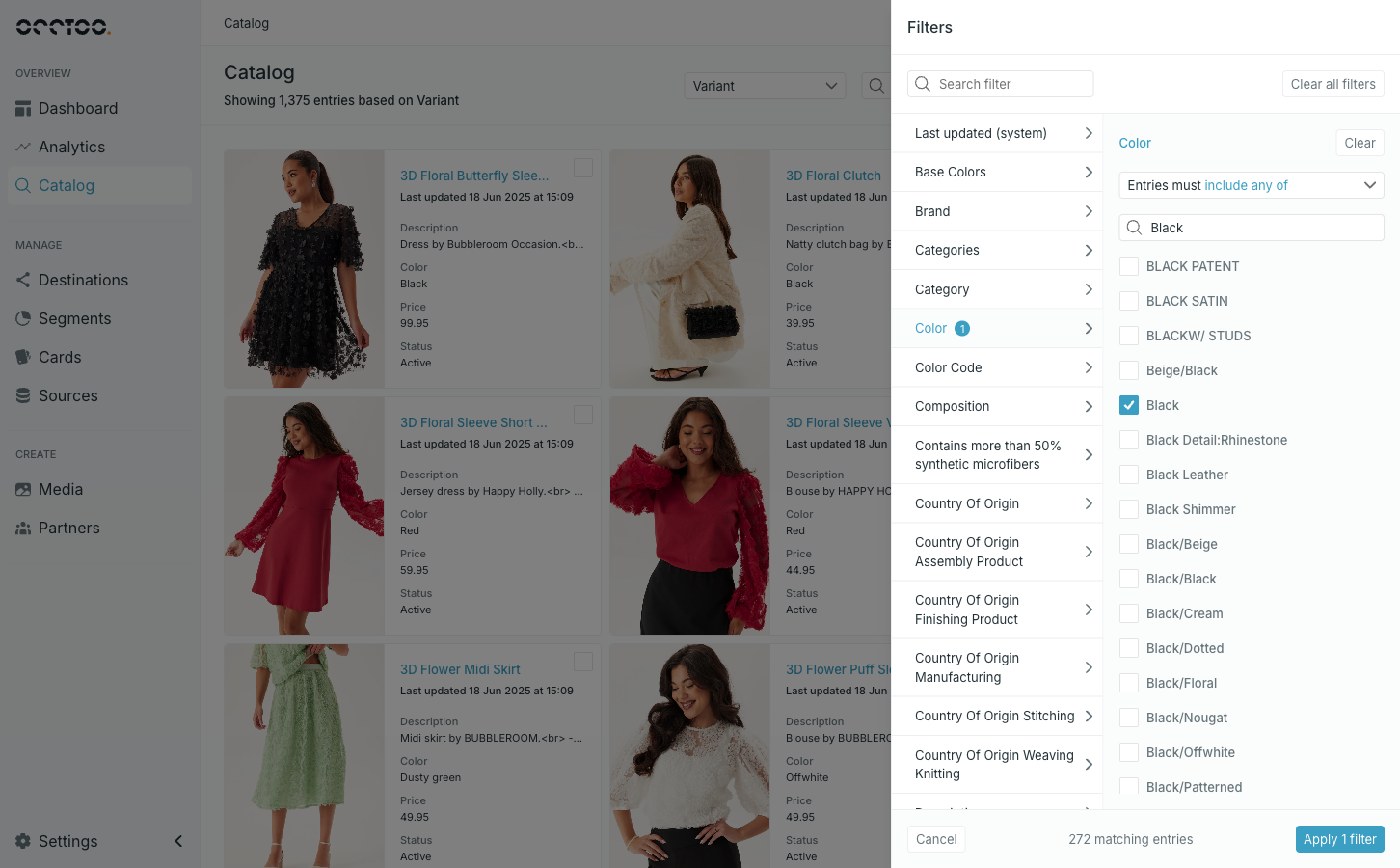 The filter panel open over the Catalog page