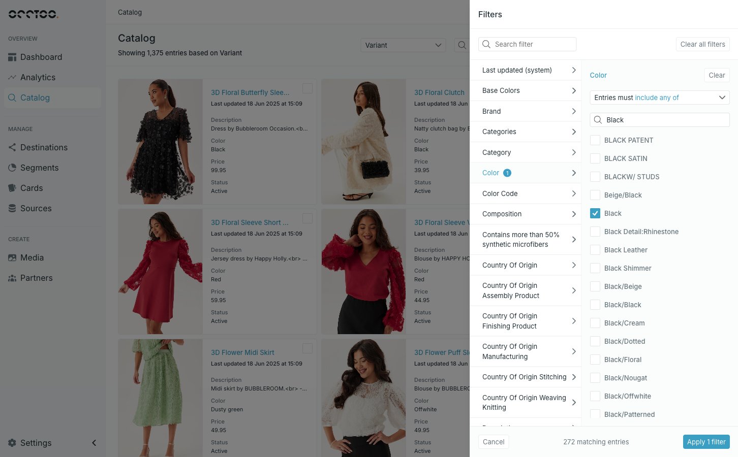 The filter panel open over the Catalog page