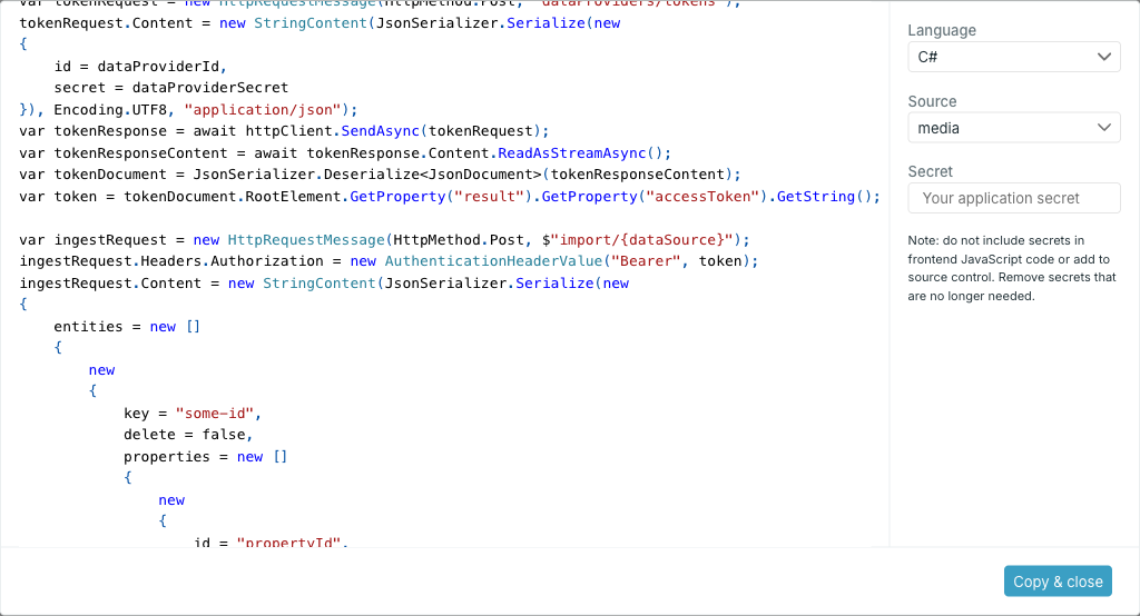 The code examples dialog