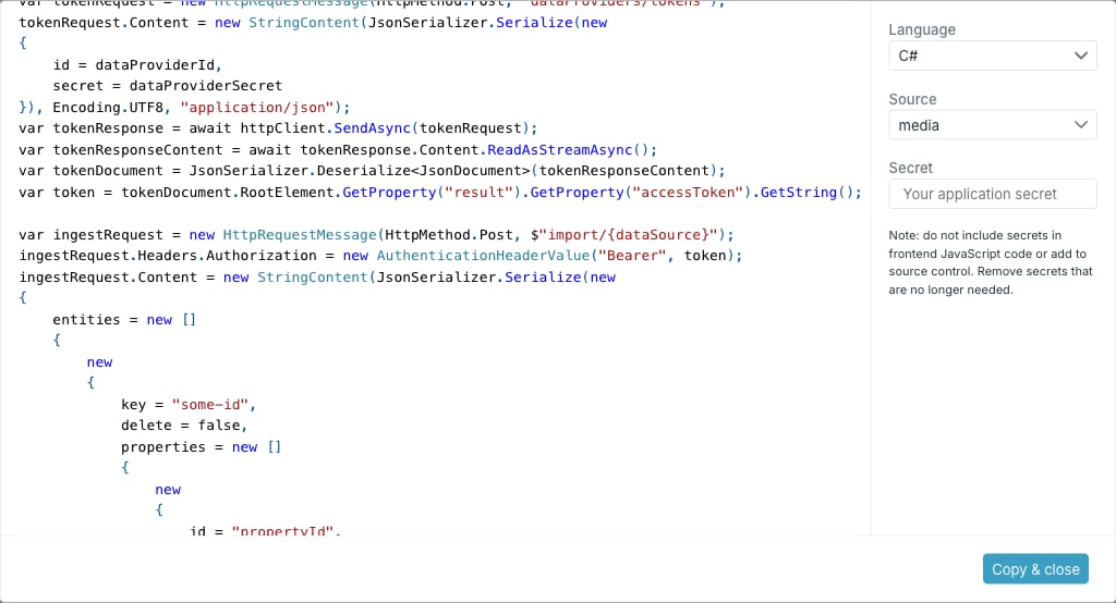 The code examples dialog