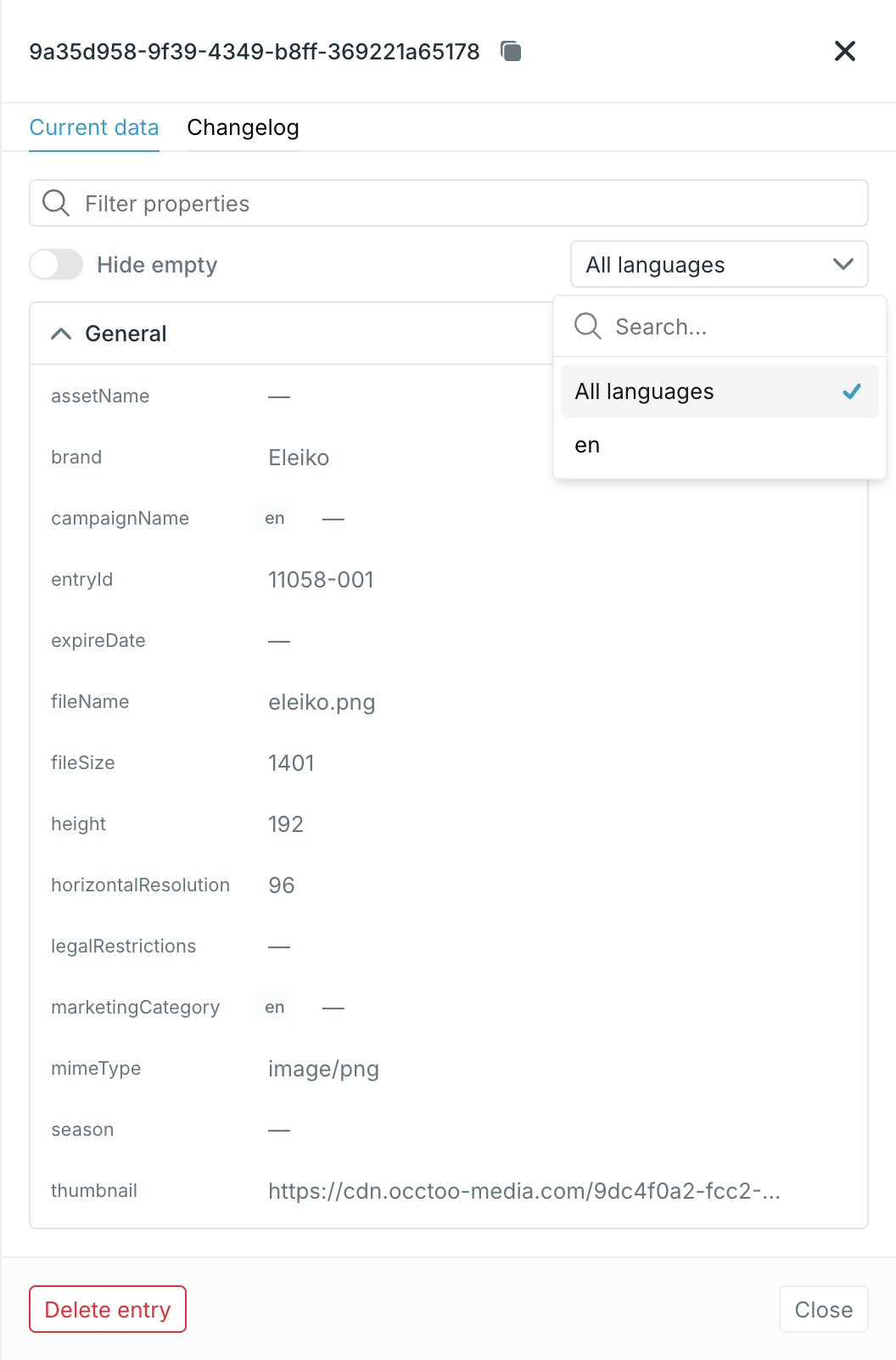 The language filter on the entry panel