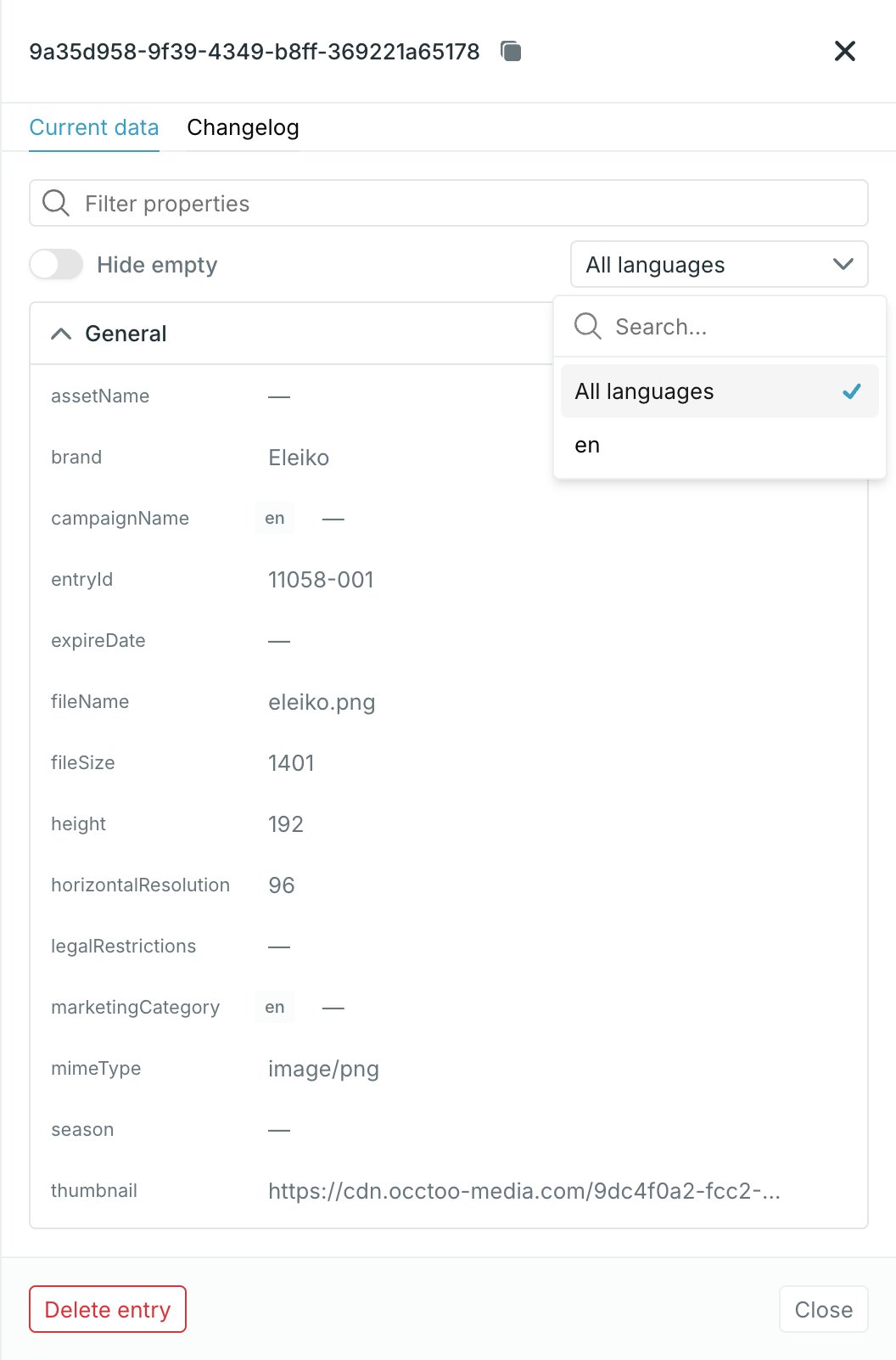 The language filter on the entry panel