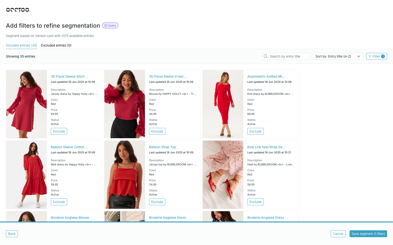 Entry selection narrowed down by a colour filter