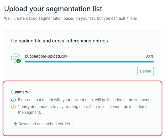 Upload summary with matched and unmatched entries