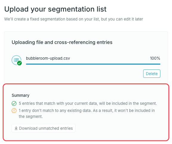 Upload summary with matched and unmatched entries