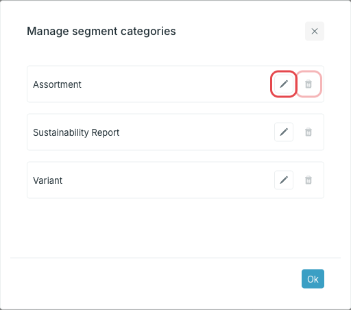 Manage segment categories dialog