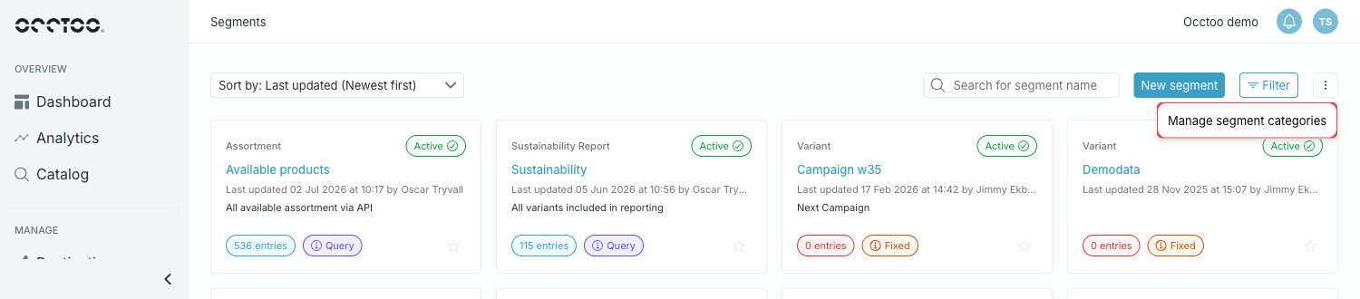 Manage segment categories in the segments page menu