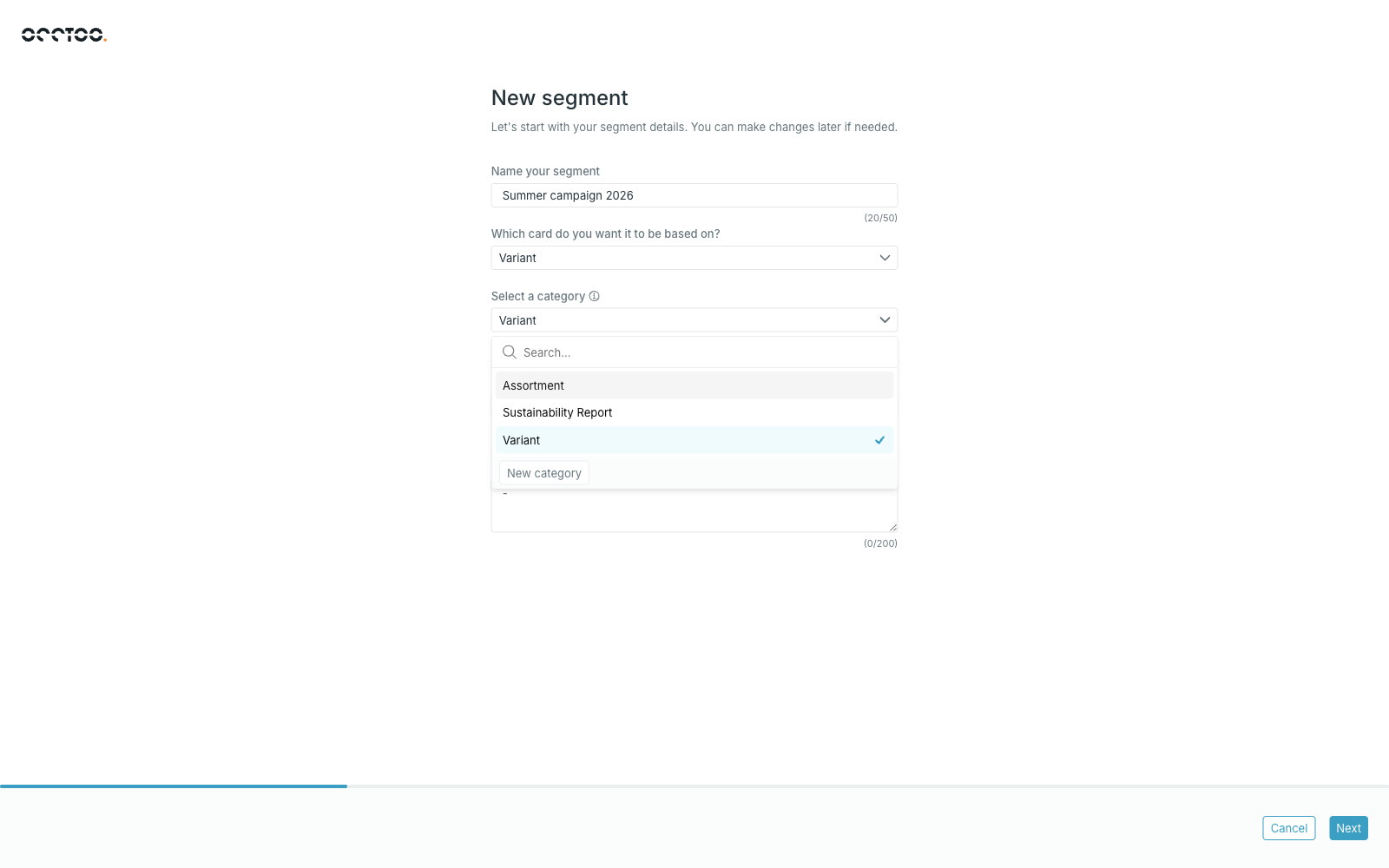 Category list in the New segment step