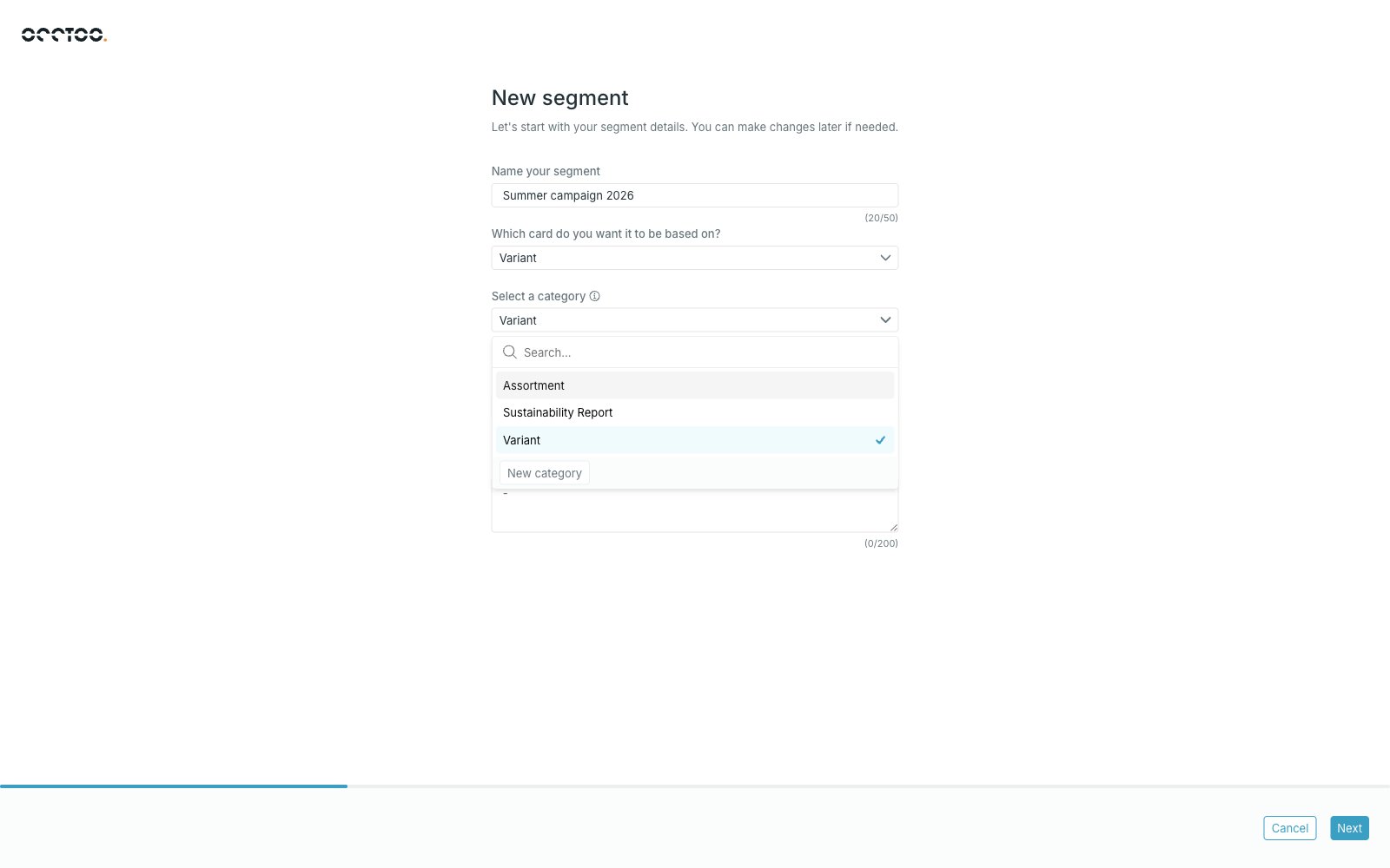 Category list in the New segment step