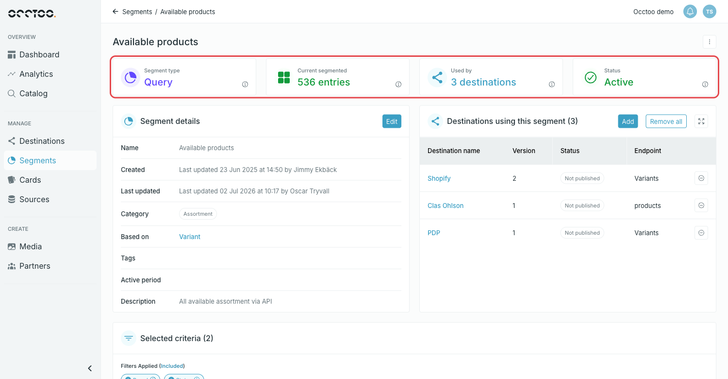 Segment page with the status tiles