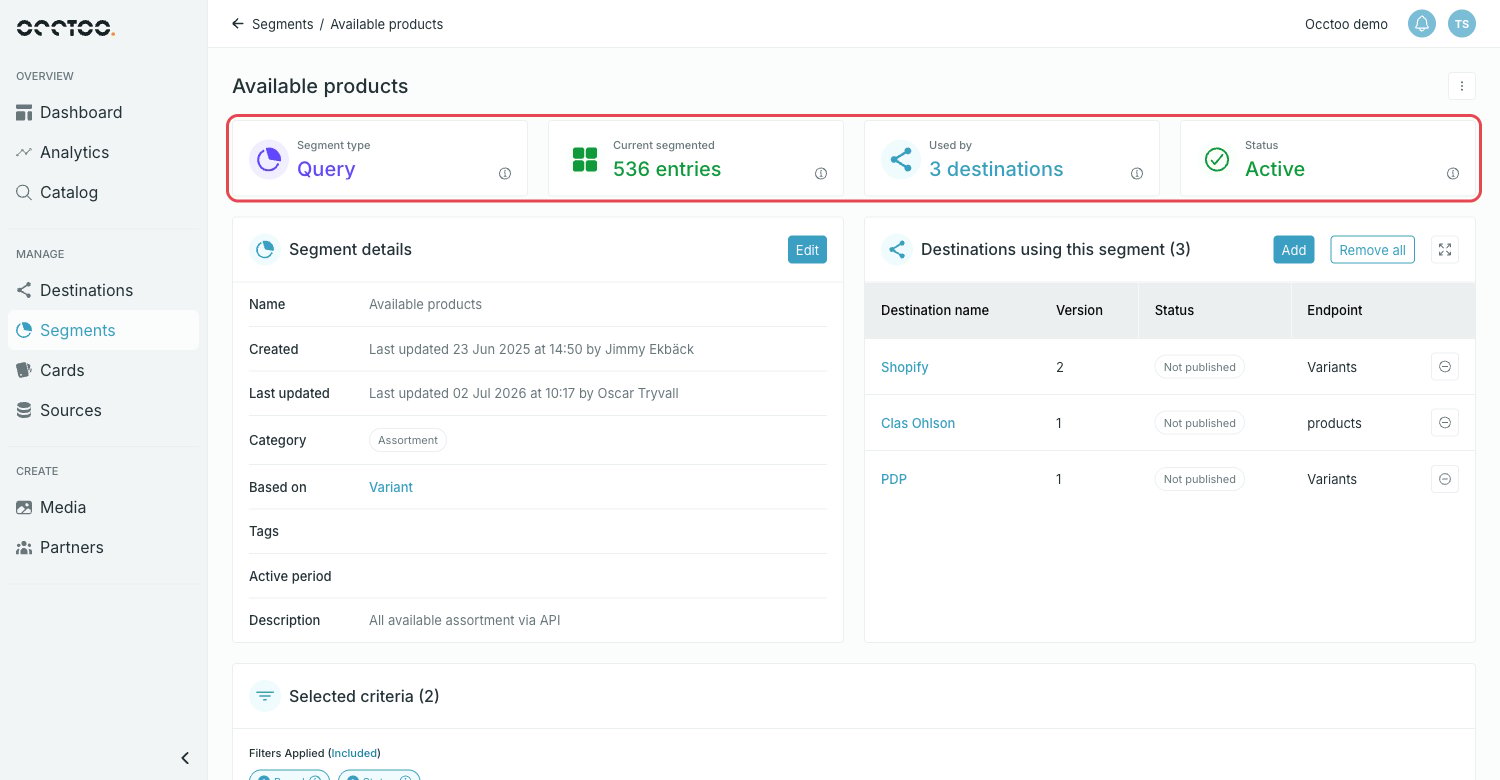 Segment page with the status tiles