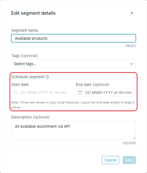 Edit segment details dialog