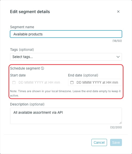 Edit segment details dialog