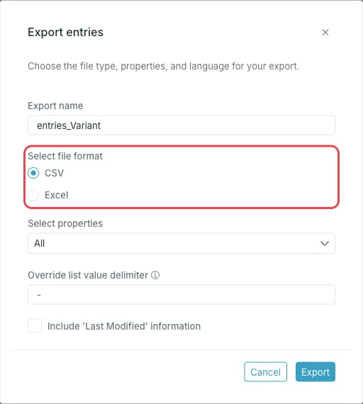 Export entries dialog